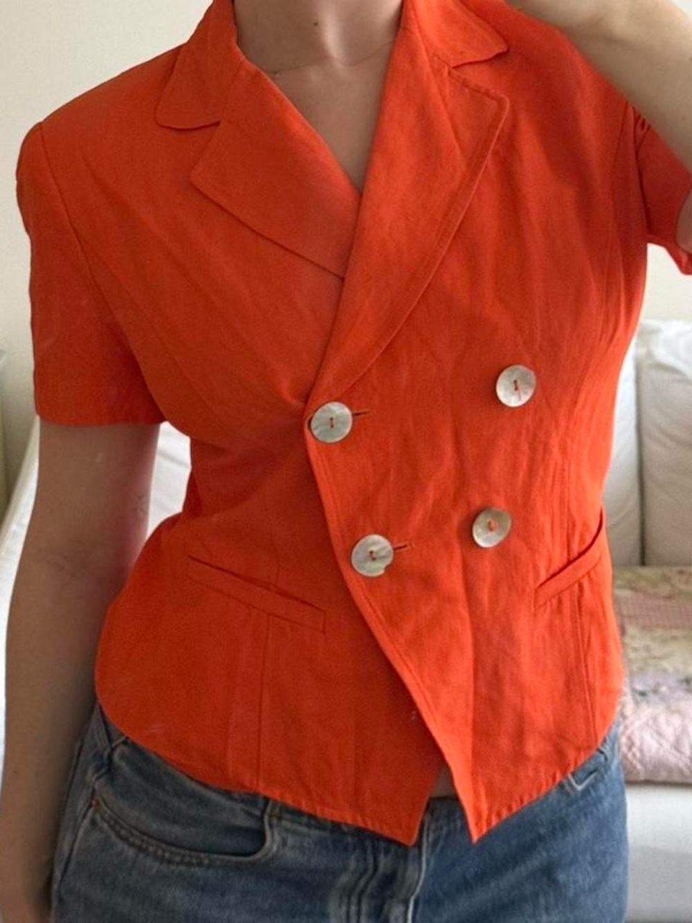 Evan Picone Orange Double-Breasted Short Sleeve Blazer